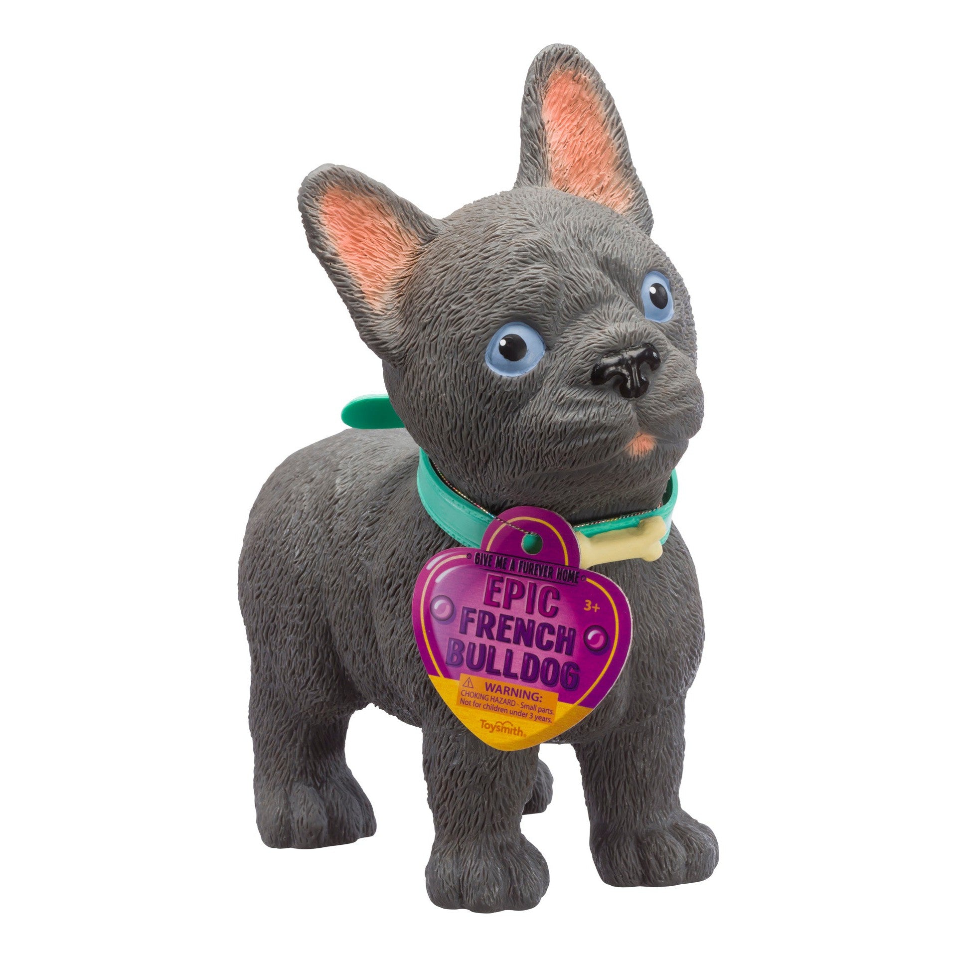 The Toysmith Epic Puppies - French Bulldog is a gray collectible puppy toy with big blue eyes, a teal collar, and a purple heart-shaped tag reading "Epic French Bulldog." Brand: Toysmith.