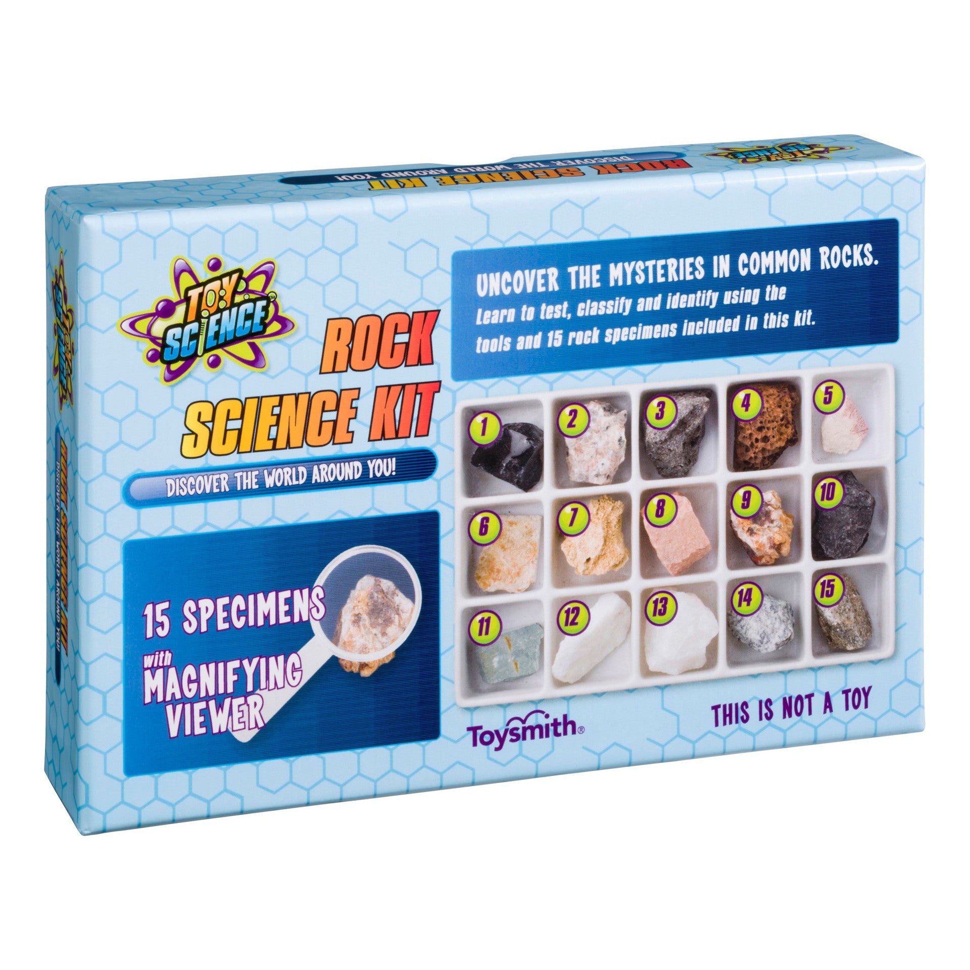 A Toy Science Rock Science Kit by Toy Science includes 15 rocks and minerals, each in a separate compartment with a magnifying viewer. Packaging notes this is not a toy.