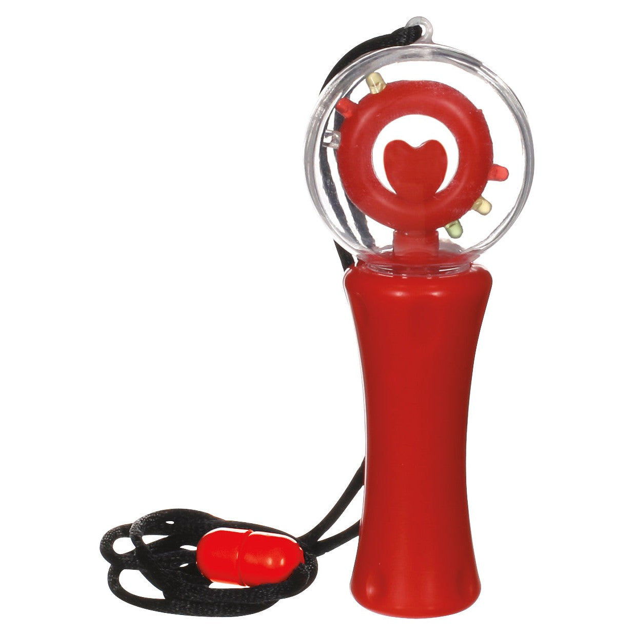 The Toysmith Mini Spectra Globe by Toysmith is a red plastic handheld toy with a clear top featuring a spinning heart and colored beads, attached to a black safety lanyard with breakaway clasp.