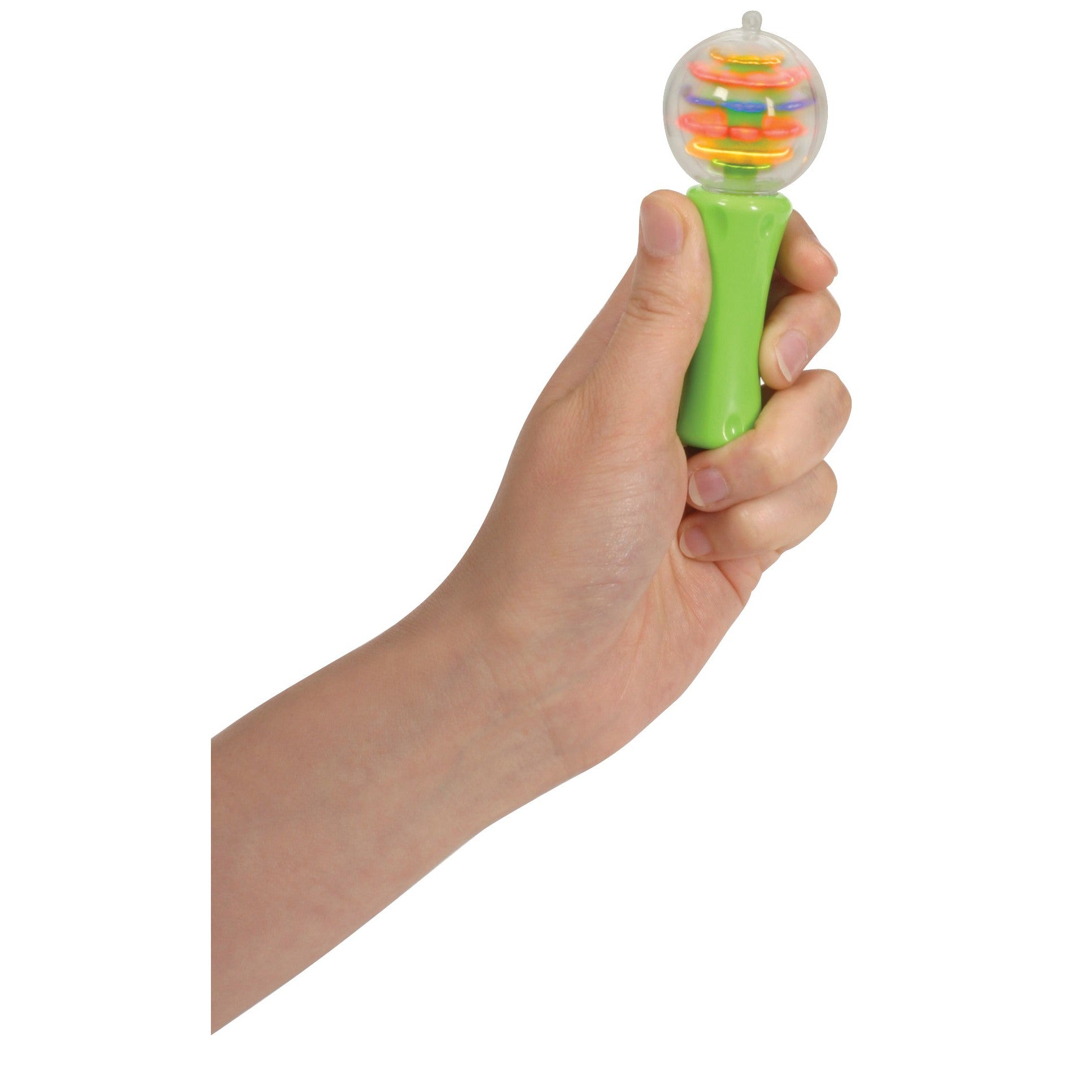 A hand holds the Toysmith Mini Spectra Globe, a Toysmith toy featuring a green handle and clear plastic sphere with colorful spinning discs that create electric patterns.