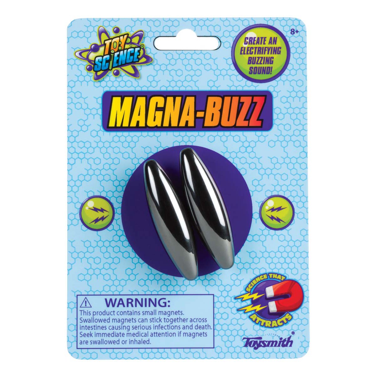 Toy Science Magna Buzz by Toy Science features two shiny hematite magnets on a purple circle, packaged on a blue card with magnet hazard and warning text. This STEM toy makes an electrifying buzzing sound.