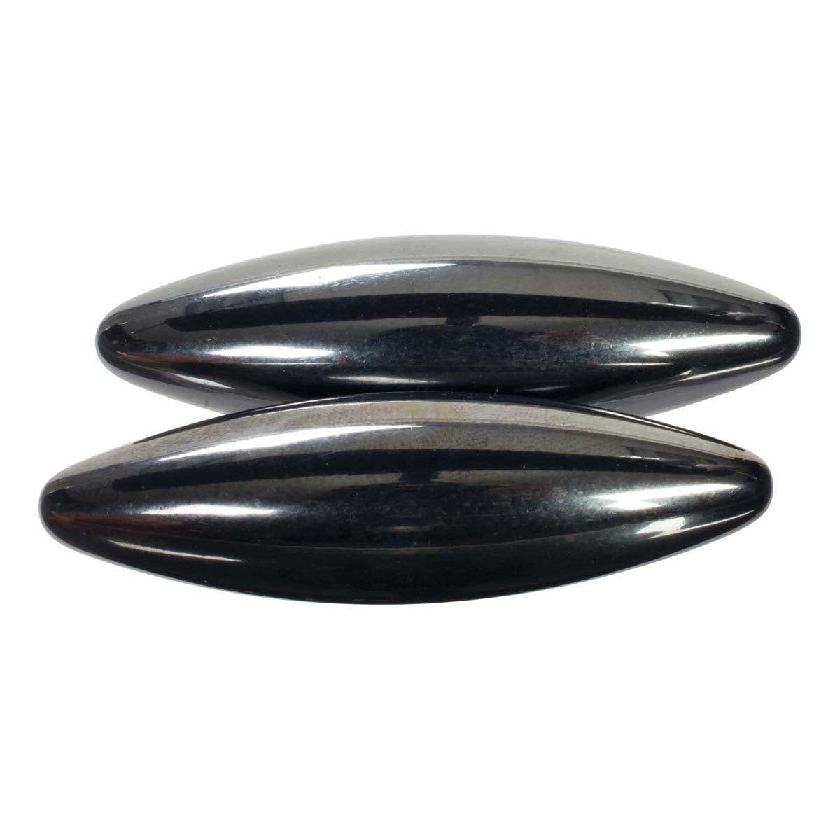 Two shiny, oval Toy Science Magna Buzz hematite magnets by Toy Science lie parallel on a white background. Their smooth, reflective surfaces are ideal for use as a magnet toy or hands-on STEM science activities.
