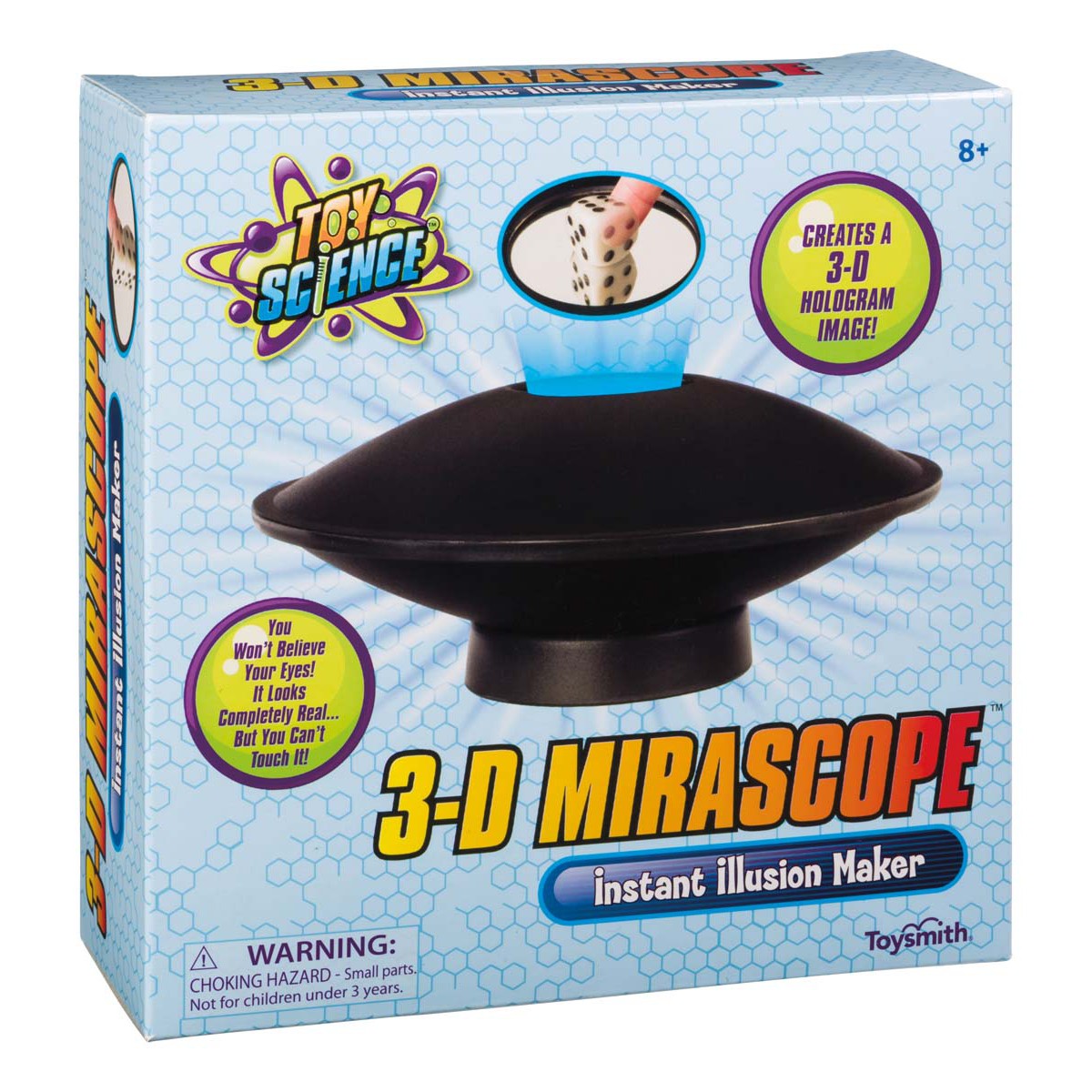 A box of Toy Science 3-D Mirascope, the instant illusion maker for ages 8+, displays the device creating a realistic 3D hologram with colorful graphics and text.