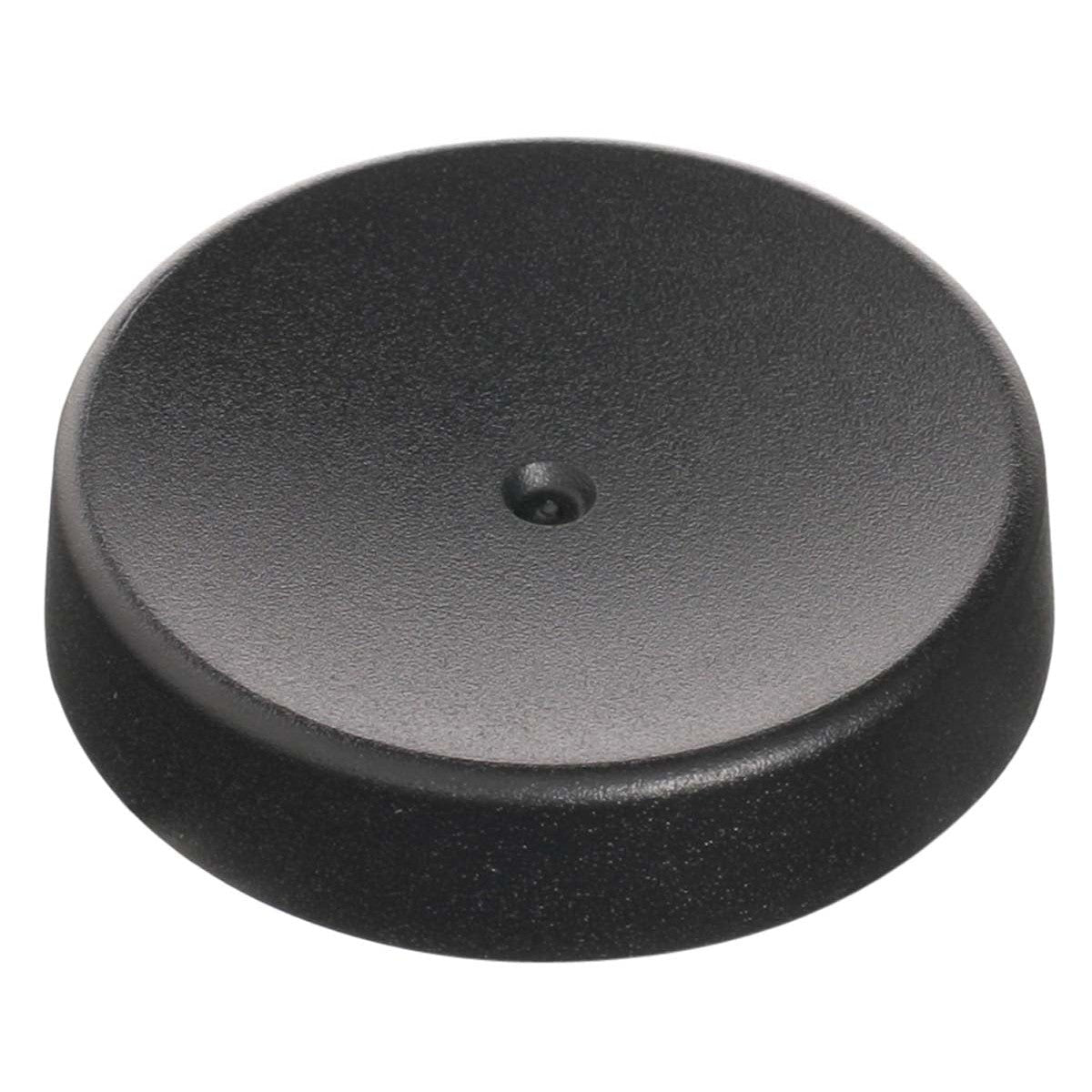 A round, flat, black plastic base with a central hole for displaying the Toy Science 3-D Mirascope by Toy Science, a model used to demonstrate optics and create optical illusions.