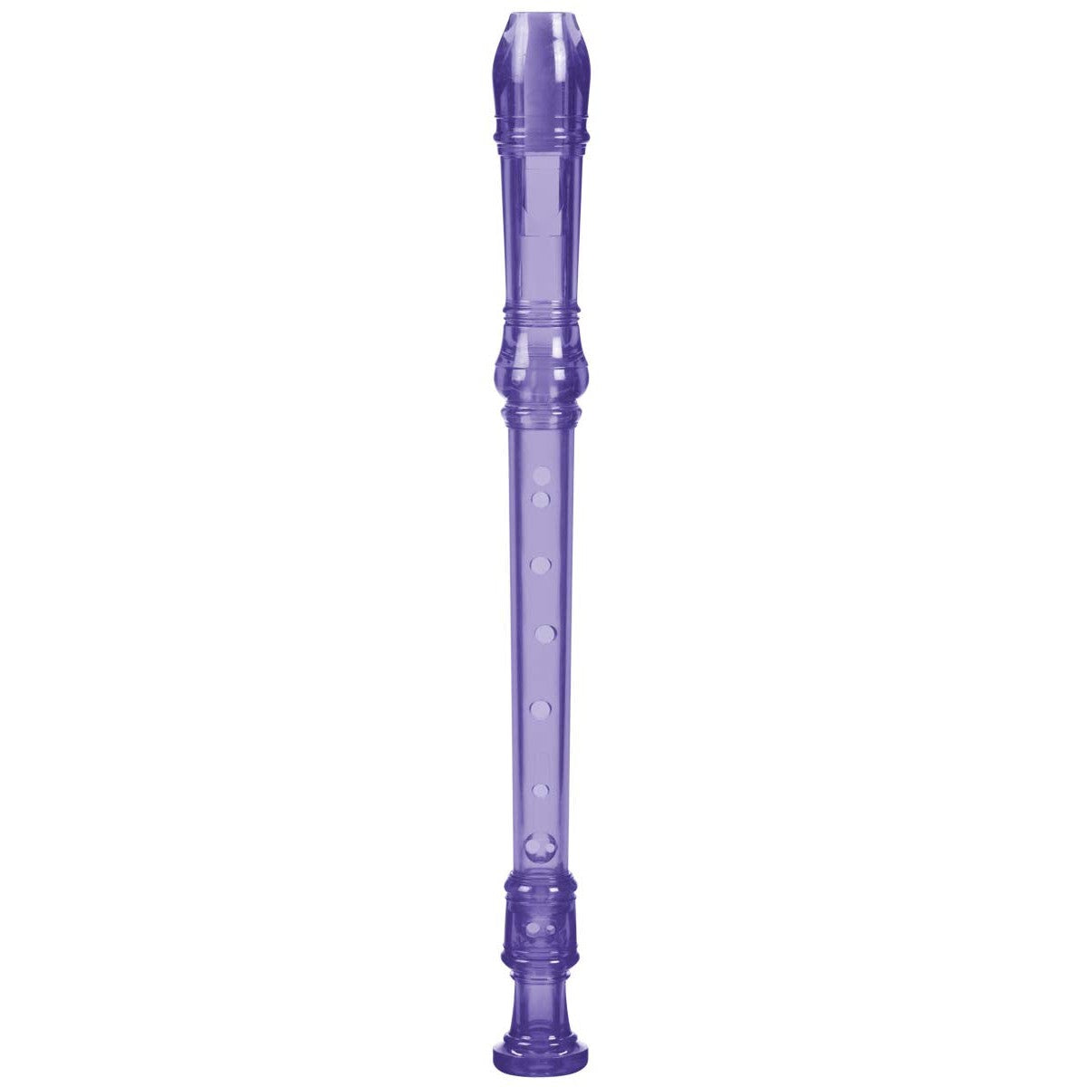 A Toysmith Recorder beginner musical instrument in purple, featuring finger holes, is displayed vertically on a white background.