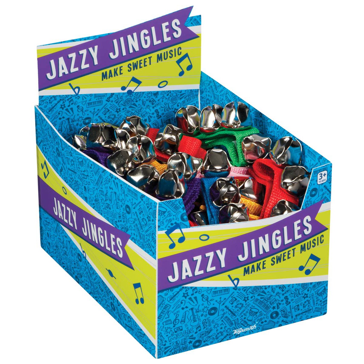 The Toysmith Jazzy Jingles display box holds colorful jingle bell bracelets with silver bells. Decorated with musical notes, this fun Toysmith product is a perfect holiday noisemaker and playful musical toy for kids.