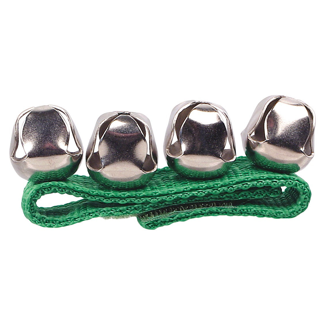 The Toysmith Jazzy Jingles by Toysmith features four silver bells on a green woven strap, making it a fun musical toy and festive holiday noisemaker.