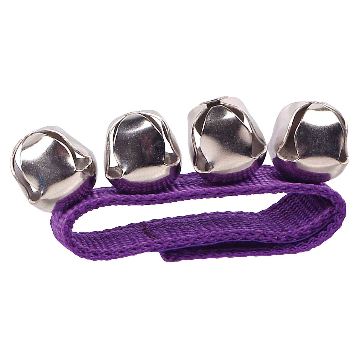 The Toysmith Jazzy Jingles by Toysmith features a purple fabric loop with four silver bells, perfect as a festive bracelet or rhythm instrument for holiday fun.