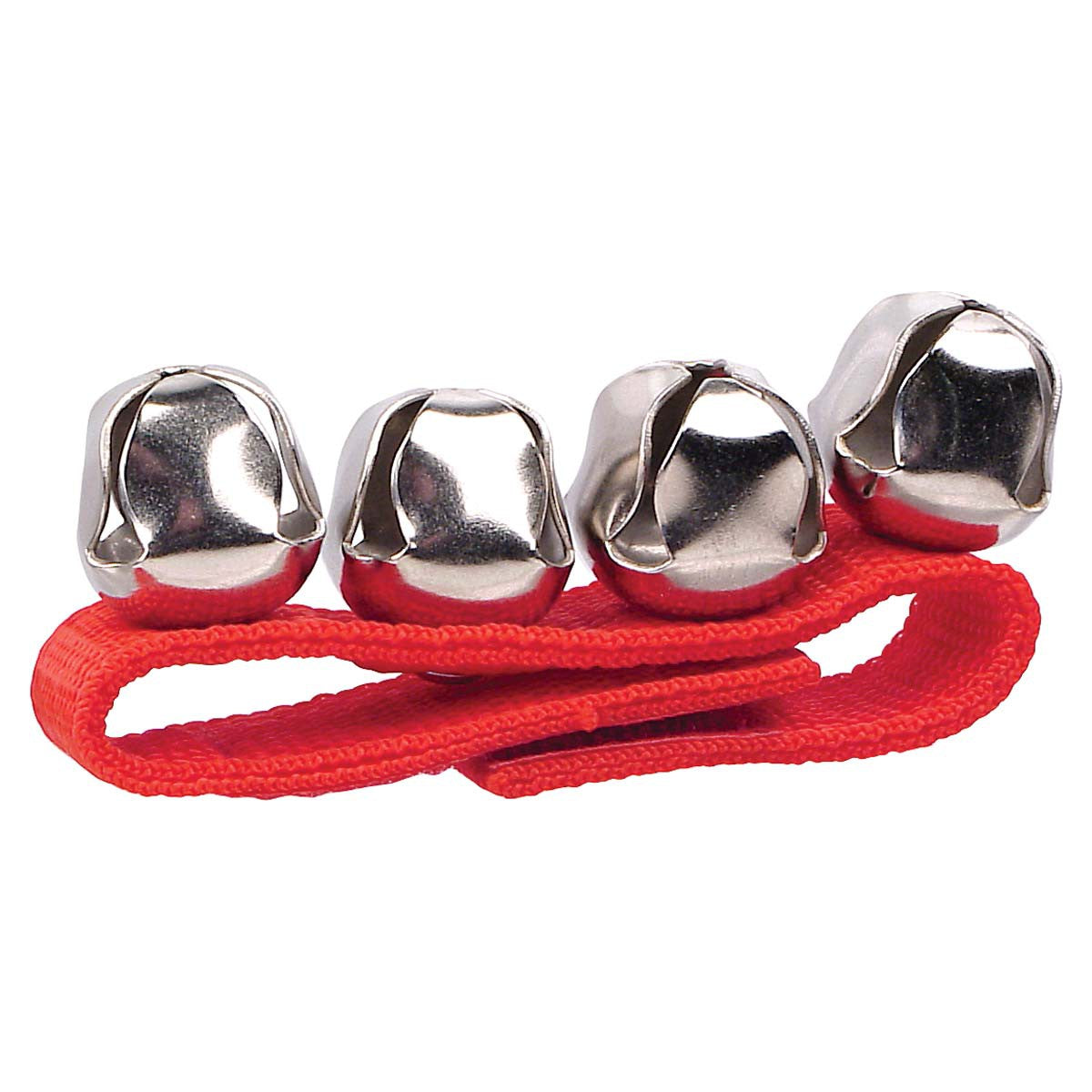 The Toysmith Jazzy Jingles by Toysmith features four small silver bells on a bright red strap, making it a festive holiday noisemaker perfect as a musical toy or cheerful decoration.