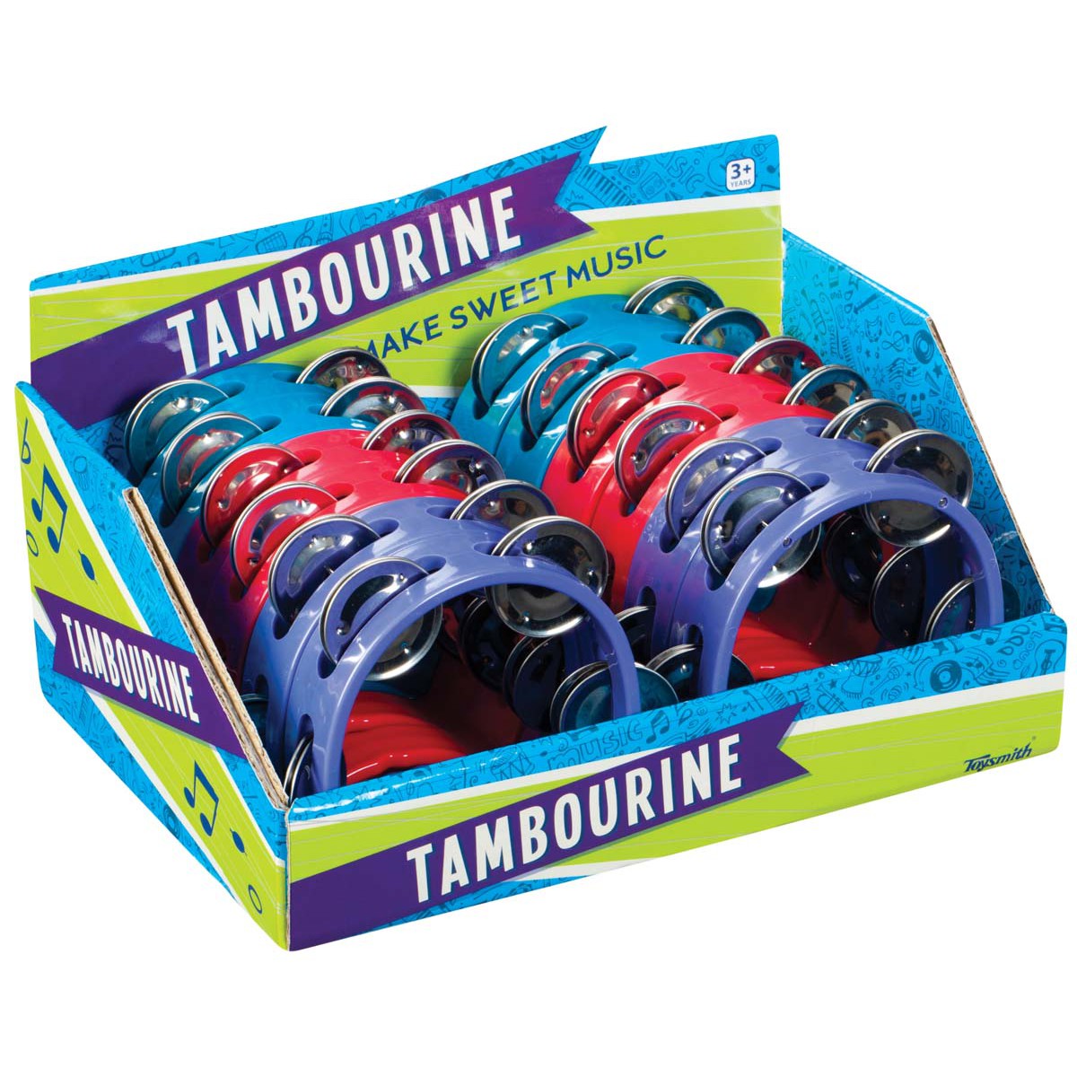 A Toysmith display box with blue and red Toysmith Tambourines, arranged vertically. Decorated with musical notes and "TAMBOURINE" plus "MAKE SWEET MUSIC" on the box, it's a fun music toy for kids.