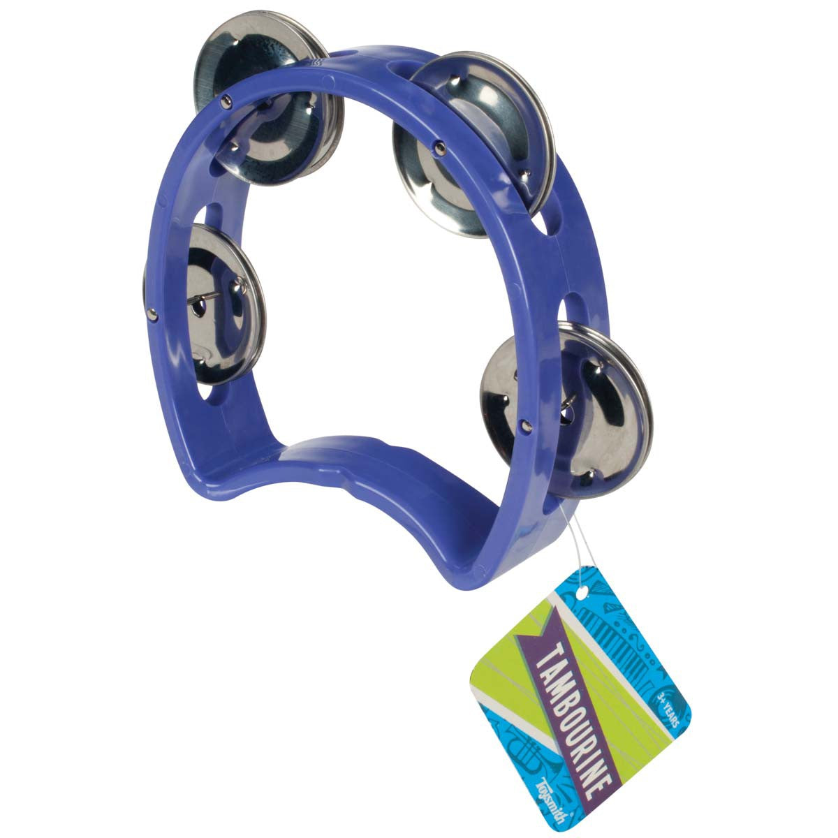 The Toysmith Tambourine by Toysmith, a purple music toy with jingles, is shown on a white background. A colorful tag says "Tambourine" and "3+ Years," making it a fun handheld instrument for young musicians.