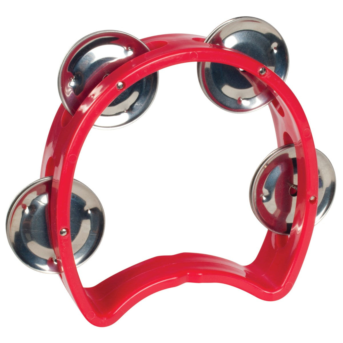 The Toysmith Tambourine by Toysmith is a red plastic music toy with five pairs of round silver jingles, shown on a white background.