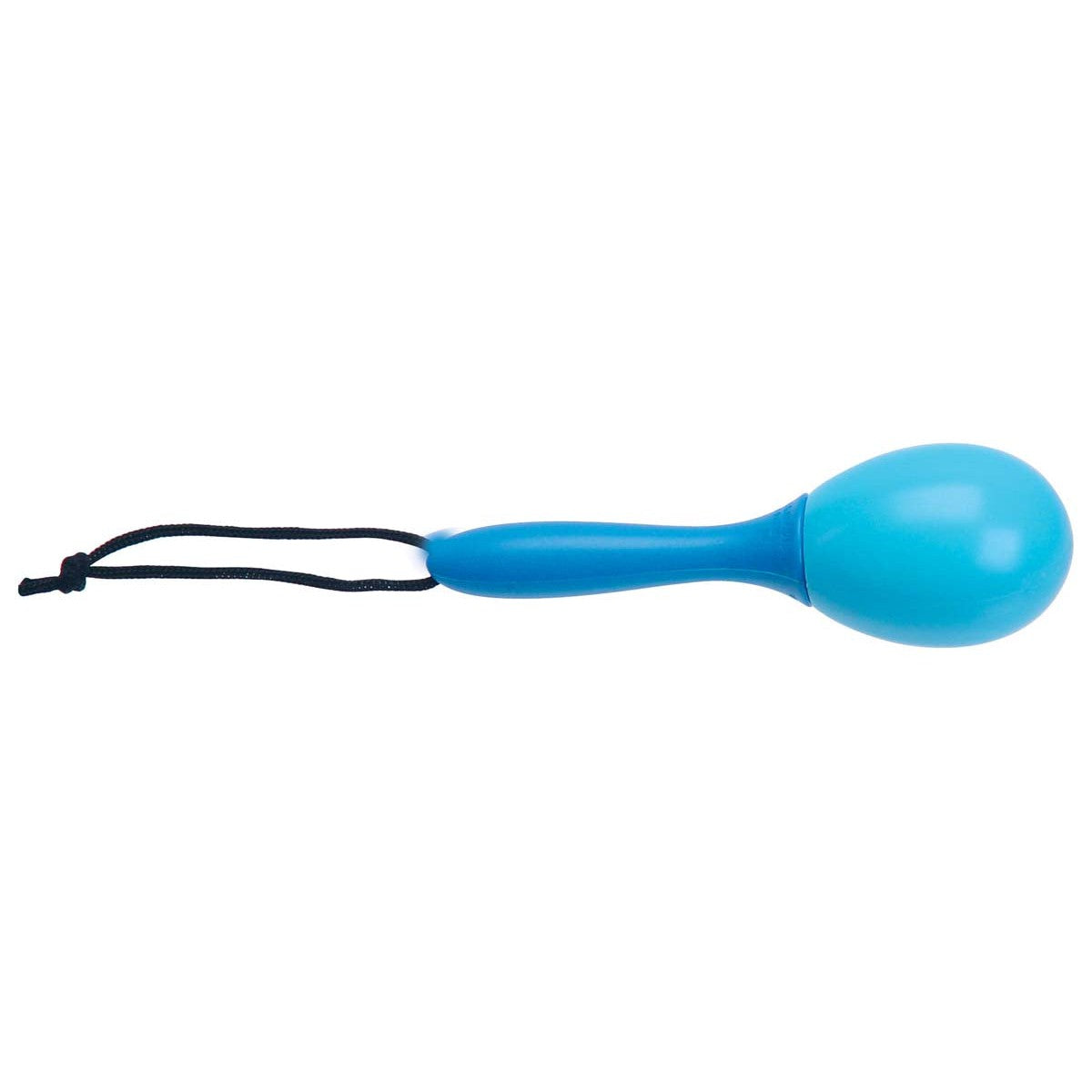 The Toysmith Li'l Cha Cha by Toysmith—a blue plastic maraca with a rounded end, narrow handle, and black looped string attached—is shown against a white background, making it perfect as a party favor.