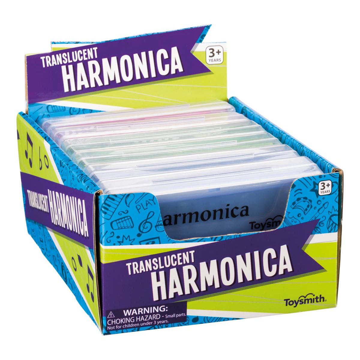 A blue and green display box labeled Toysmith Translucent Harmonica holds clear kids harmonicas. The box warns of choking hazard, is for ages 3+, and makes a fun beginner musical toy for young musicians by Toysmith.