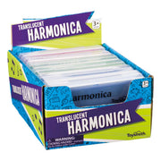 A blue and green display box labeled Toysmith Translucent Harmonica holds clear kids harmonicas. The box warns of choking hazard, is for ages 3+, and makes a fun beginner musical toy for young musicians by Toysmith.