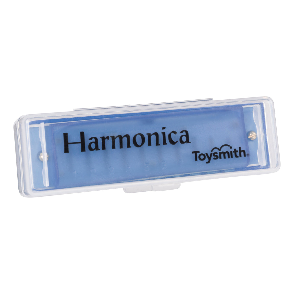The Toysmith Translucent Harmonica, by Toysmith, is a blue kids’ harmonica in a clear case labeled “Harmonica.” This beginner musical toy has a translucent design ideal for young music lovers.