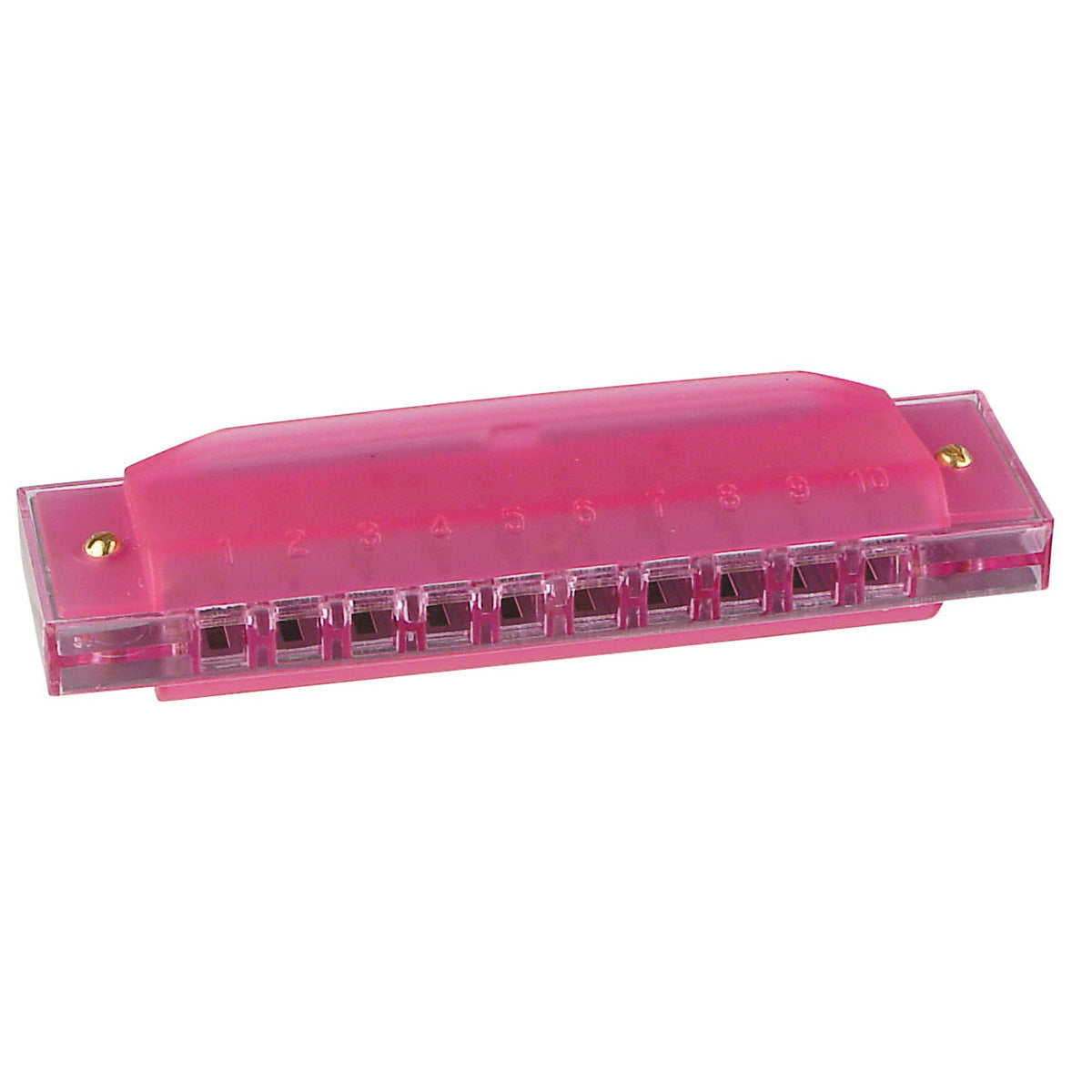 The Toysmith Translucent Harmonica by Toysmith is a pink, see-through harmonica with 10 numbered holes (1–10) on top, perfect for beginners or kids as a musical toy, shown on a white background.