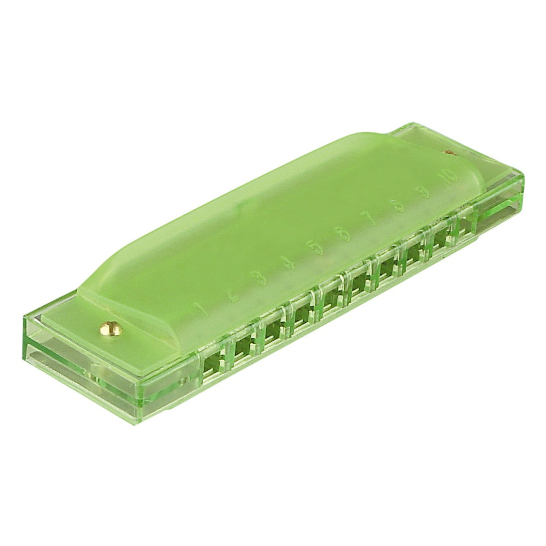 The Toysmith Translucent Harmonica by Toysmith is a green, see-through harmonica with ten numbered holes, ideal for kids and beginners. Displayed on a white background.