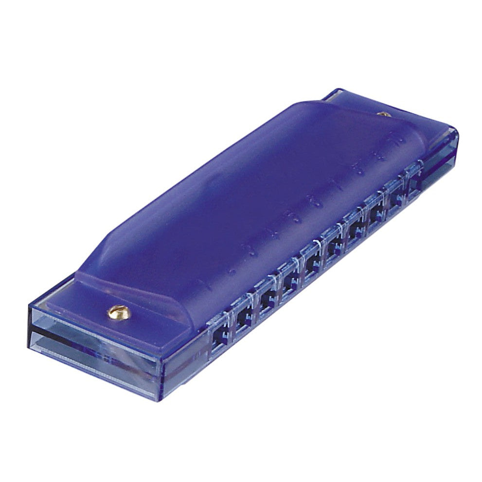 The Toysmith Translucent Harmonica by Toysmith is a beginner-friendly, blue translucent ten-hole musical toy, shown at an angle against a white background.