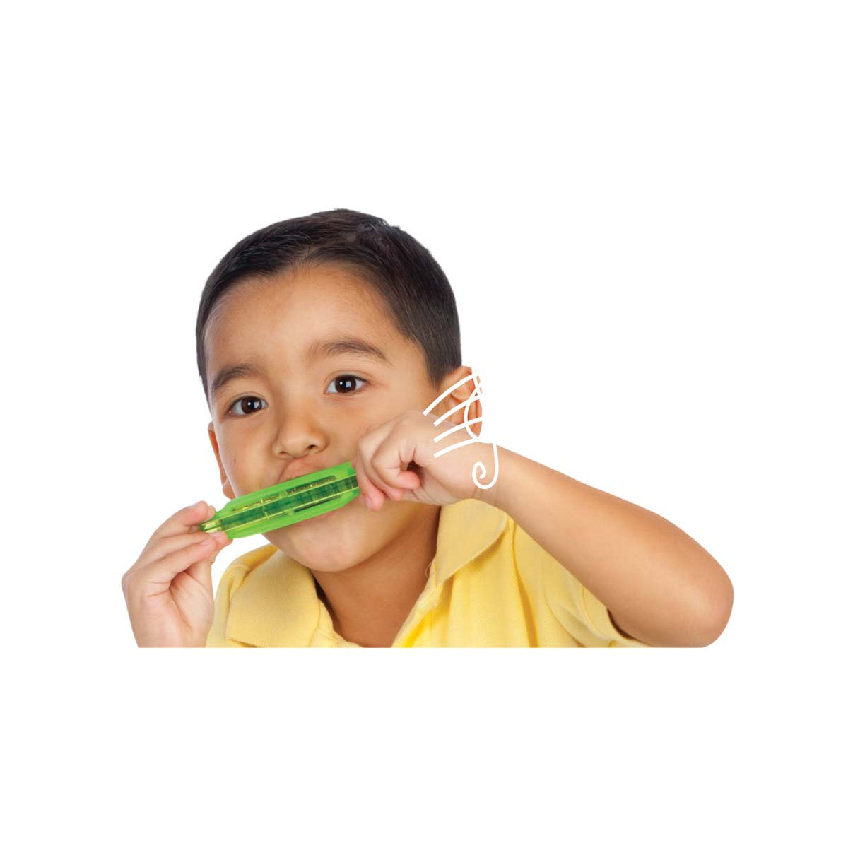 A young boy in a yellow shirt holds the Toysmith Translucent Harmonica by Toysmith with both hands, playing the beginner musical toy and looking forward against a white background.