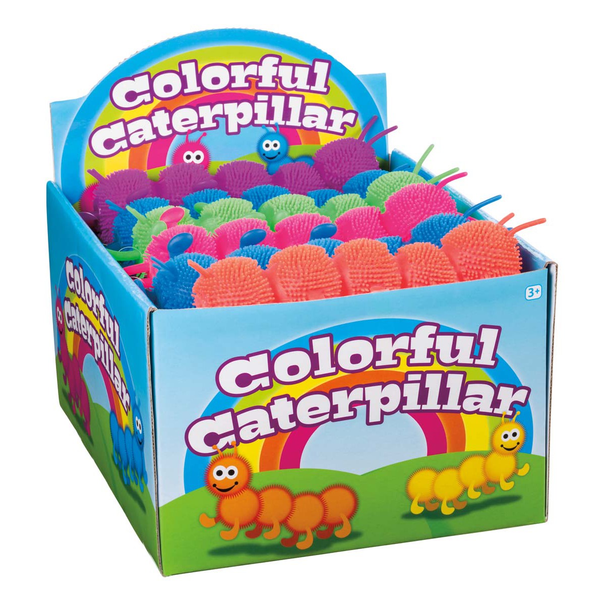 The Toysmith Colorful Caterpillar display box features squishy toy caterpillars by Toysmith in pink, blue, green, orange, and purple with small eyes and antennae—perfect sensory toys for playful hands.