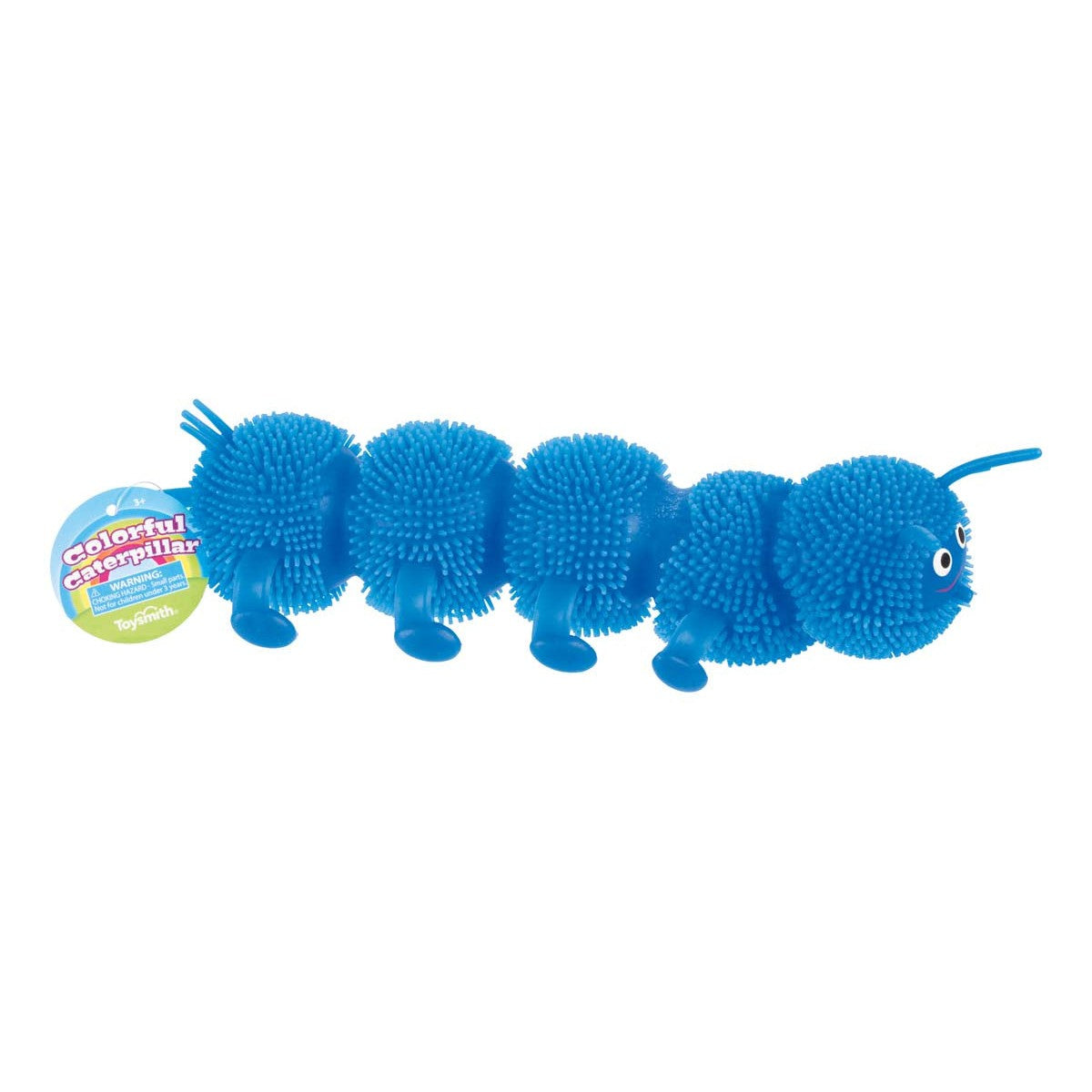The Toysmith Colorful Caterpillar by Toysmith is a blue, textured squishy toy with six spiky segments, six stubby legs, a smiling face, and a tag. Perfect sensory toy for playful fun.