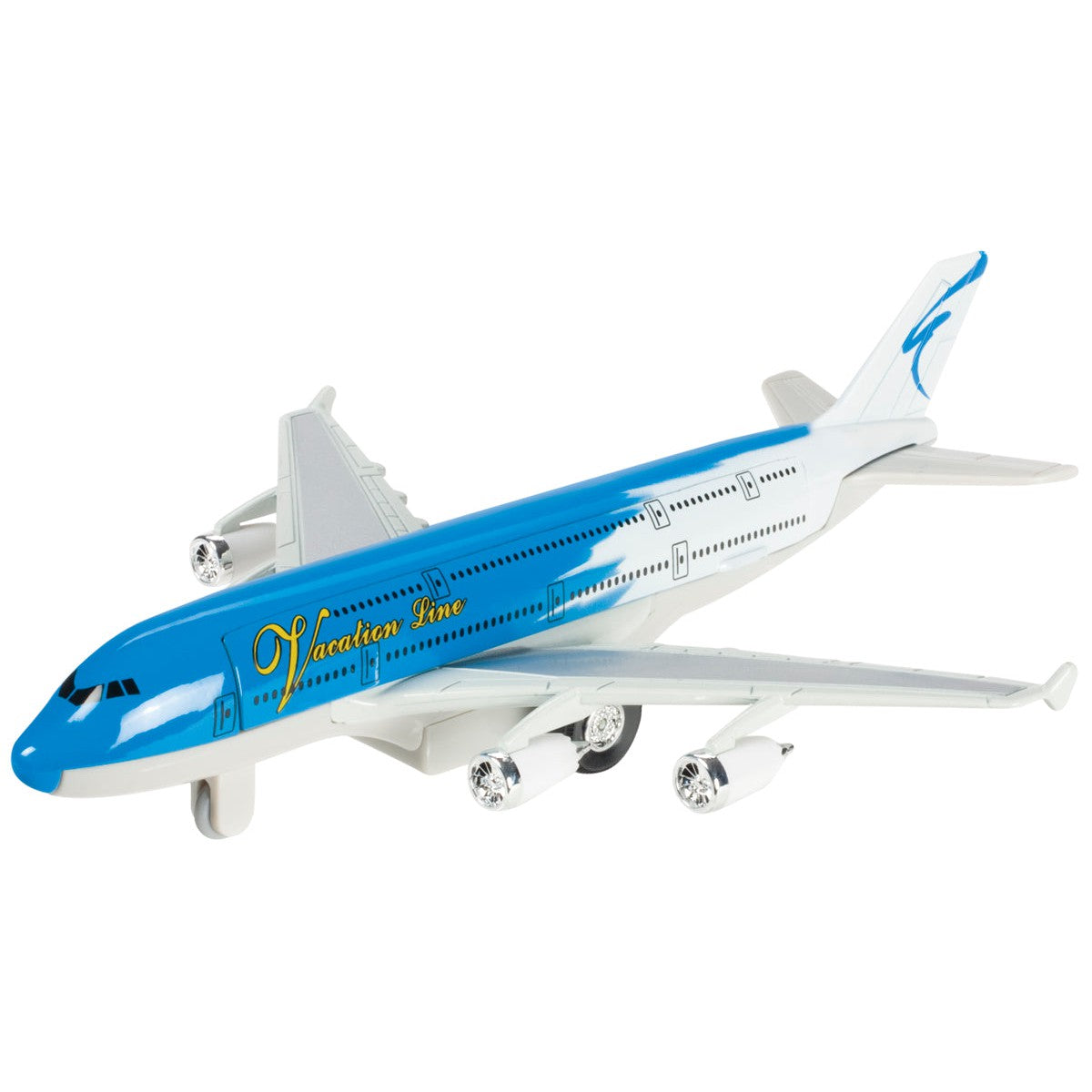 The Rollin’ Super Liner by Rollin’ is a die-cast freight airplane with a blue and white body, four engines, "Vacation Line" in yellow script, painted windows, a blue bird tail logo—perfect for interactive imaginative play.