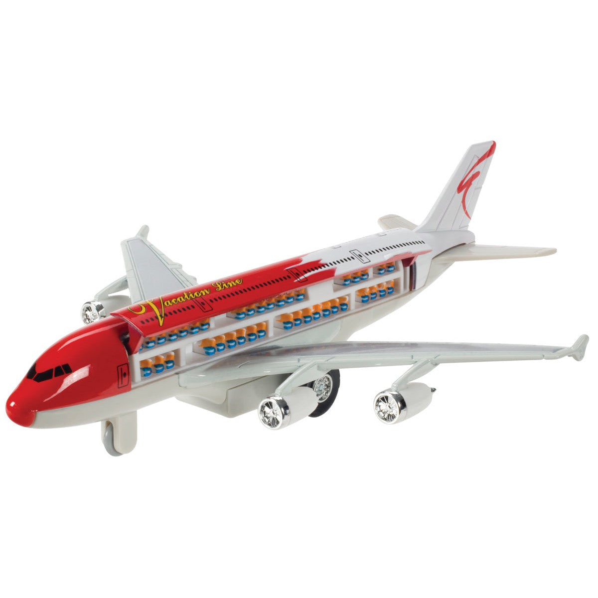 The Rollin' Super Liner by Rollin' is a toy airplane with a red and white body and detailed features, including two engines per wing. A cutaway side reveals blue passenger seats inside, all displayed on a white background.