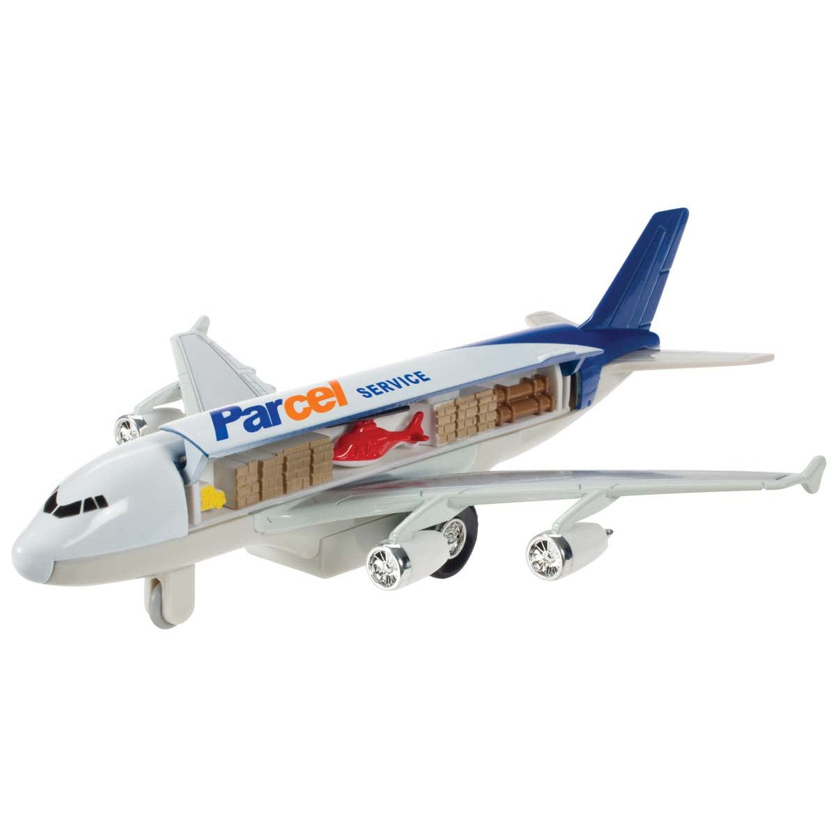 The Rollin' Super Liner by Rollin' is a die-cast freight airplane with realistic details, blue and orange accents, and an open side section revealing parcels and a red car inside the white cargo hold.