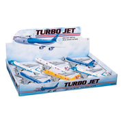 A display box labeled Rollin' Pull Back Turbo Jets by Rollin' features multiple die cast jet airplanes in assorted colors and designs, each pull-back aircraft neatly arranged inside the packaging.