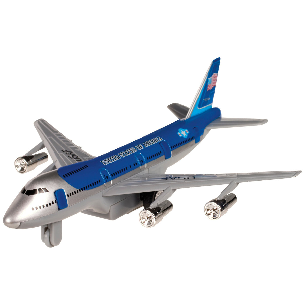 The Rollin' Pull Back Turbo Jets by Rollin' is a die-cast jet toy designed to resemble Air Force One, painted silver and blue with "United States of America" and an American flag on the body and tail.