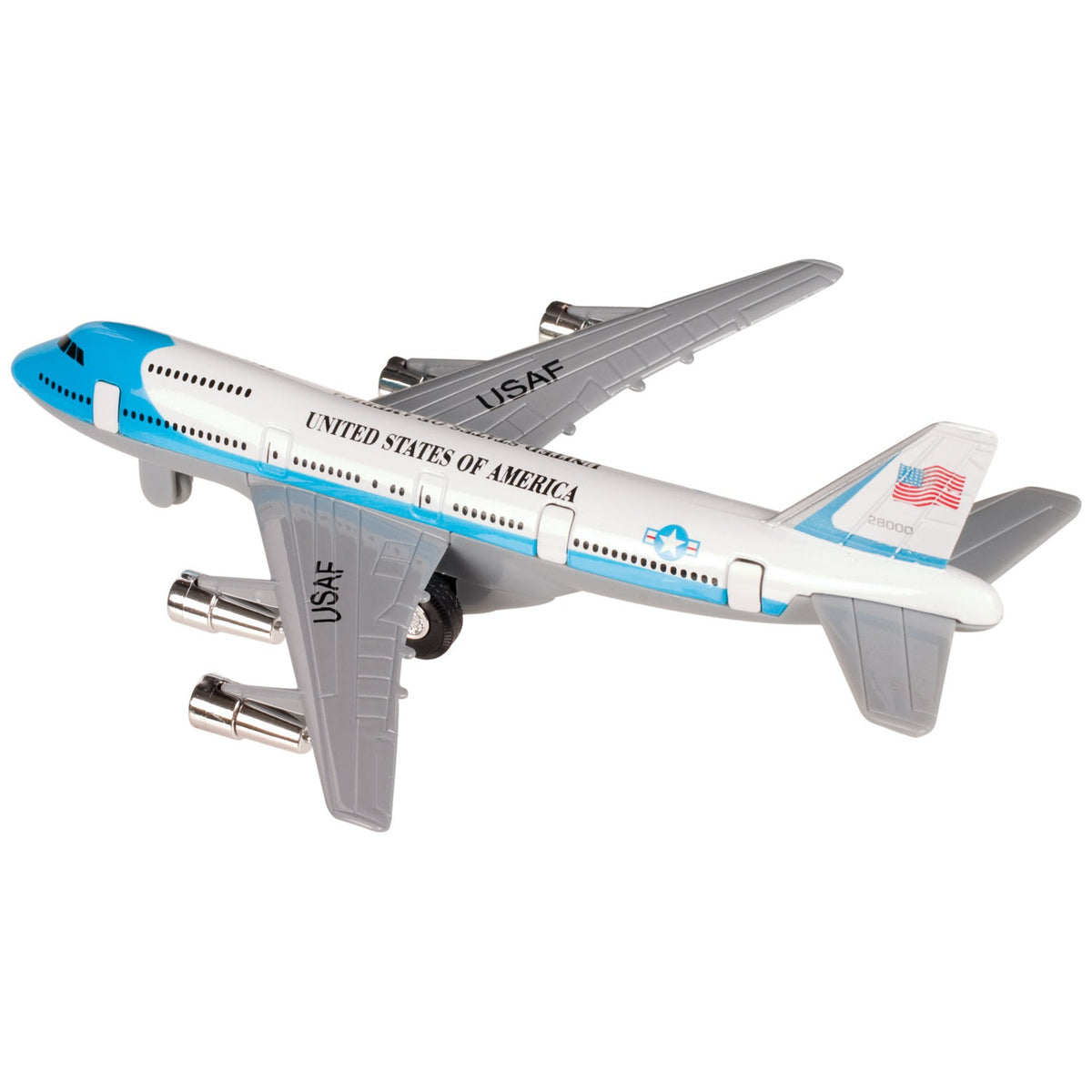 The Rollin' Pull Back Turbo Jets by Rollin' is a die-cast Air Force One model with a blue and white body, "United States of America" text, USAF markings on wings and engines, and an American flag on the tail fin.