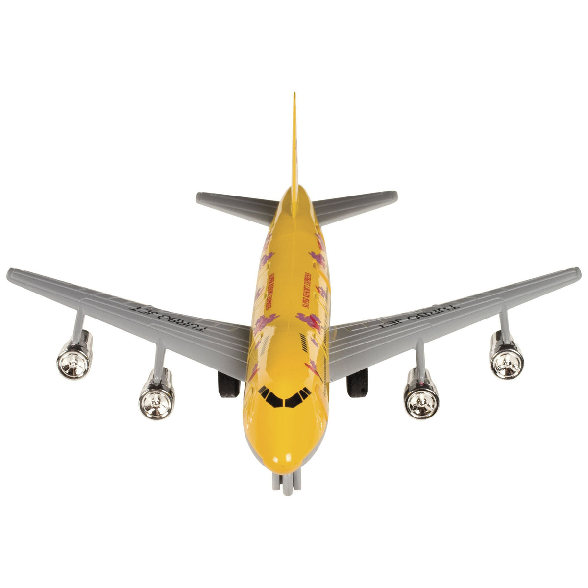 Front view of a yellow Rollin' Pull Back Turbo Jets die-cast toy jet by Rollin', featuring silver wings and engines with colorful designs on the fuselage, displayed against a white background.
