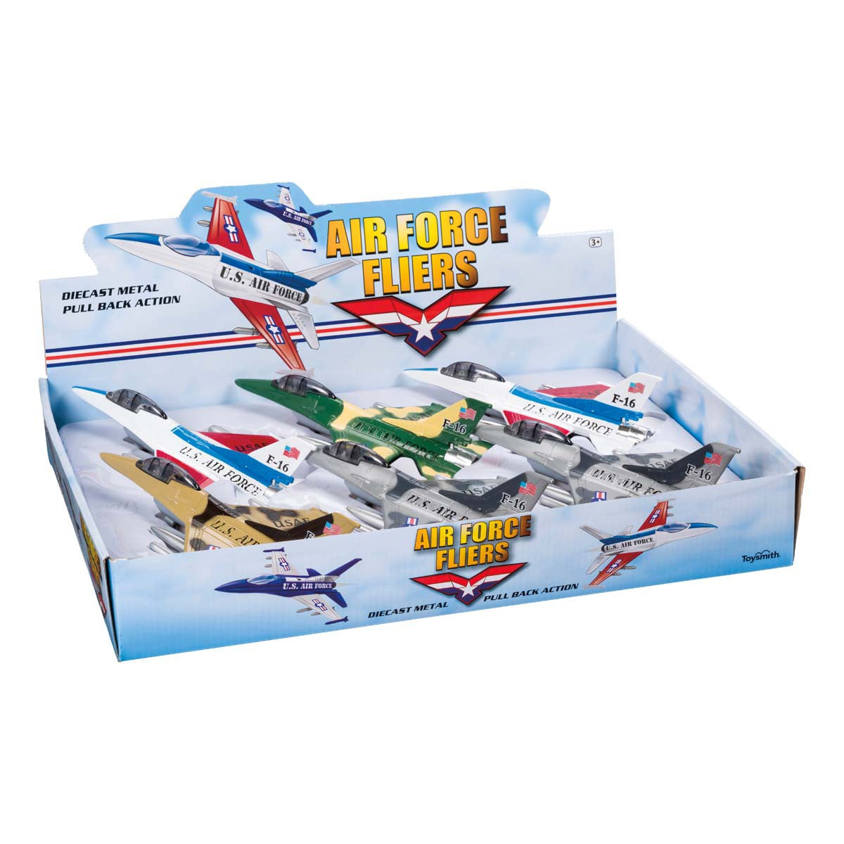 The Rollin’ Airforce Fliers display box features die-cast metal jet toys by Rollin', each with “U.S. Air Force” markings, vibrant colors, and pull-back action—lined up in rows, ready for fun takeoff play.