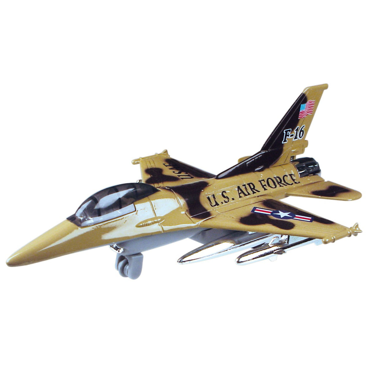 The Rollin' Airforce Fliers by Rollin' is a die-cast metal model of a U.S. Air Force F-16 fighter jet with camouflage paint, military markings, and an American flag on the tail, shown isolated on a white background.