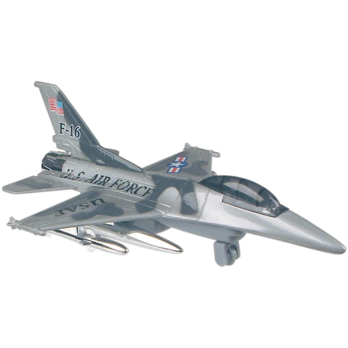 A die-cast metal Rollin' Airforce Fliers model by Rollin', featuring a gray U.S. Air Force F-16 with marked tail, USAF symbols, and wing missiles—ideal for collectors—displayed angled on a white background.