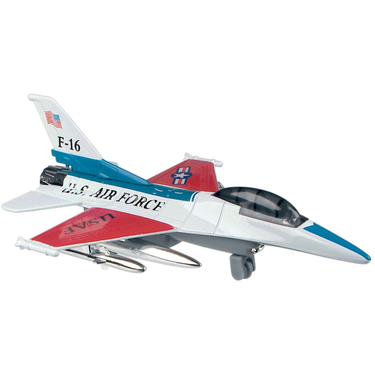 The Rollin' Airforce Fliers by Rollin' is a die-cast metal U.S. Air Force F-16 toy jet with red wings, blue tail, white body, and detailed with the U.S.A.F. logo and American flag—perfect for young aviation fans.
