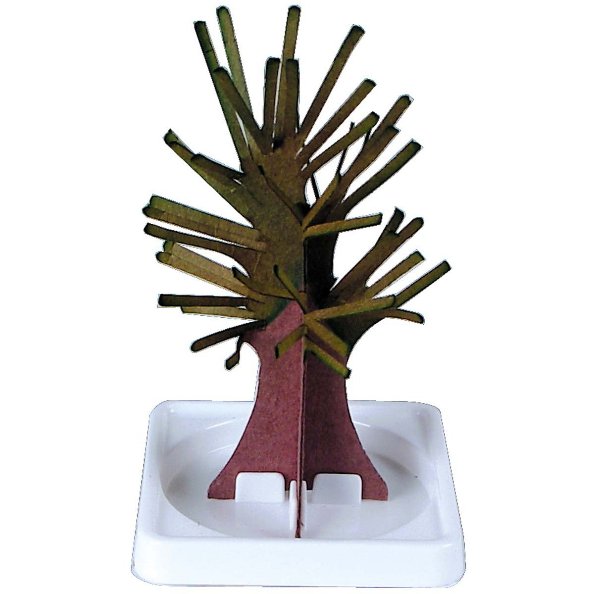 The Toy Science Mystical Tree by Toy Science features a brown trunk and green branches made from flat interlocking pieces on a white plastic base—great for any science kit or crystal tree display.