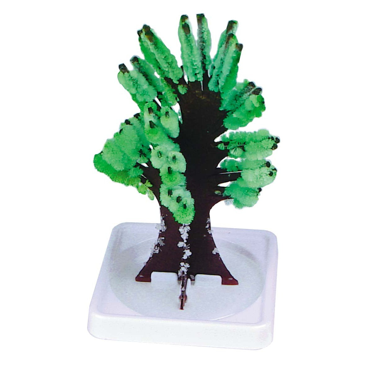 The Toy Science Mystical Tree by Toy Science features a crystal tree on a white plastic base, with green crystal-like growths on its branches that look like foliage—a magical science kit creation.