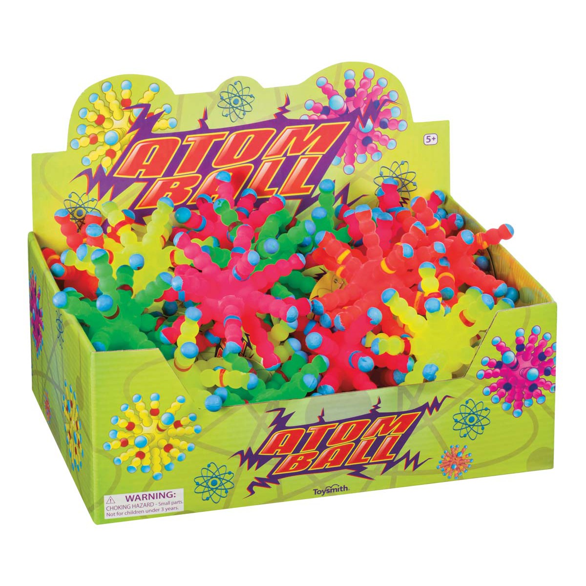 The Toysmith Atom Ball display box contains colorful, spiky rubber balls in green, pink, yellow, and red. Decorated with cartoon atom designs and labeled "Atom Ball," this Toysmith fidget toy offers endless sensory fun.