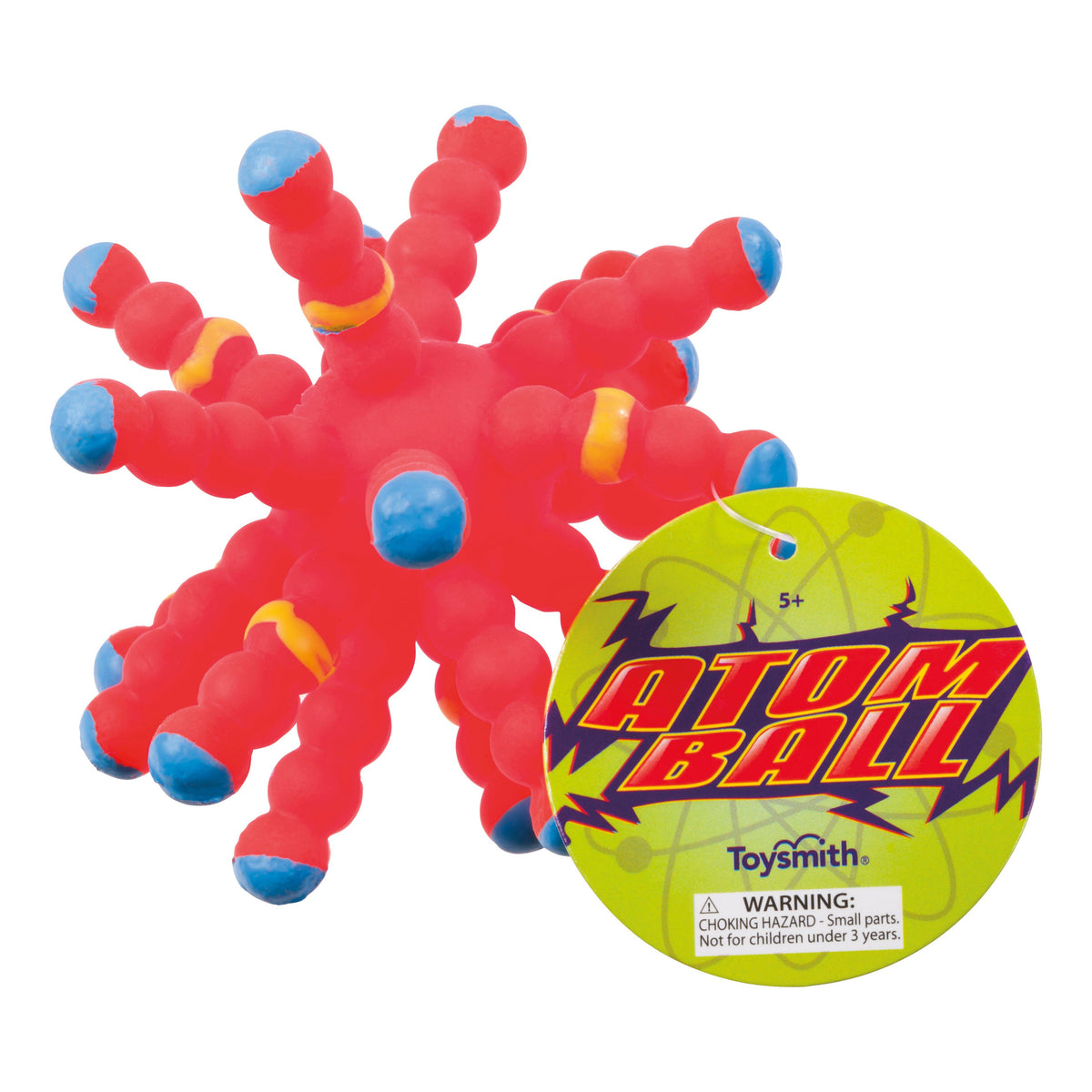 The Toysmith Atom Ball is a spiky red and blue rubber toy with a round yellow "Atom Ball by Toysmith" tag. Warning: Choking hazard, small parts. Not for children under 3 years. Perfect for hands-on play.