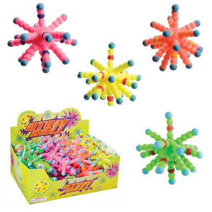 The Toysmith Atom Ball by Toysmith is a fun fidget toy with spiky arms and blue tips, available in bright pink, yellow, green, or multicolored. Each comes in an assorted Atom Ball box.