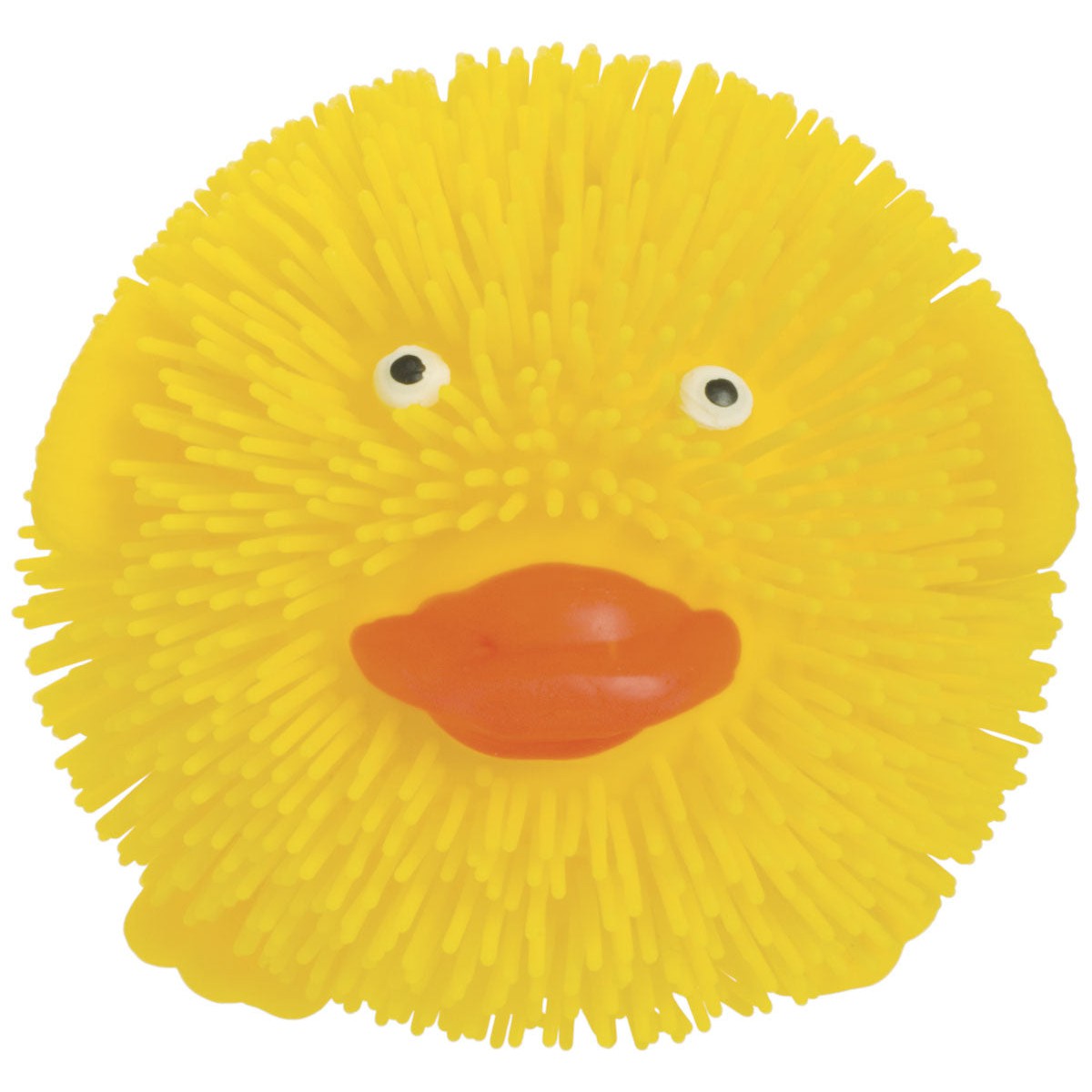 The Farm Fresh Wee Critter Puff by Farm Fresh is a round, yellow, spiky rubber sensory toy with big orange lips and two small white eyes—great for fidgeting hands and playful fun.