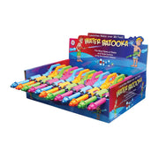 A display box of We're Always Thinking Water Bazooka pump-action water guns by We're Always Thinking, featuring packaging with cartoon kids and claims to blast water over 30 feet. Each handle comes in a different bright color.