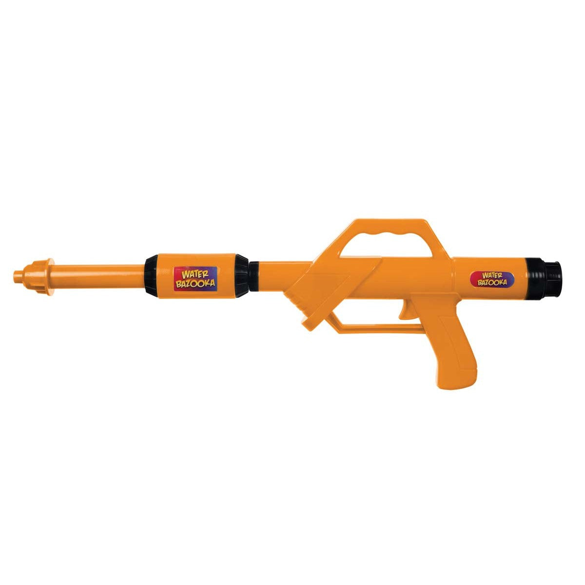 The We're Always Thinking Water Bazooka is an orange plastic pump-action water blaster with a long barrel, trigger, and handle, designed by We're Always Thinking for outdoor play.