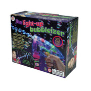 The image shows a box for the We're Always Thinking Light Up Bubbleizer, an LED bubble gun by We're Always Thinking. The packaging displays kids playing and highlights LED technology, making bubble-blowing fun for both boys and girls.