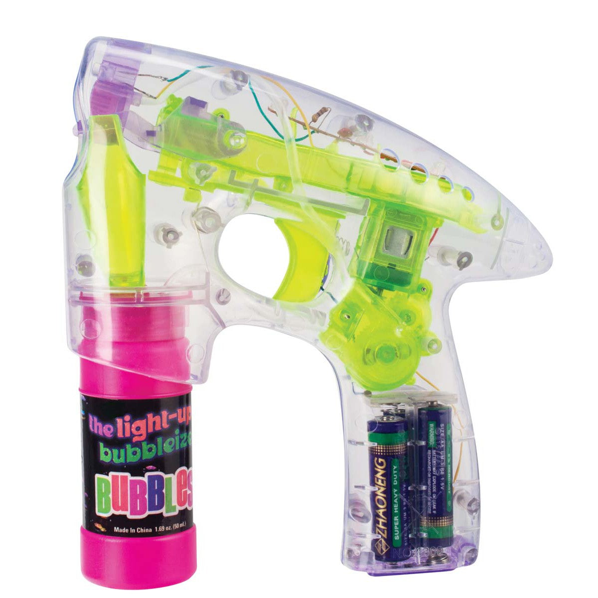 The We're Always Thinking Light Up Bubbleizer by We're Always Thinking features a transparent design with neon green and yellow interior, a pink bubble solution bottle, and visible dual AA batteries for fun, colorful bubble-blowing play.