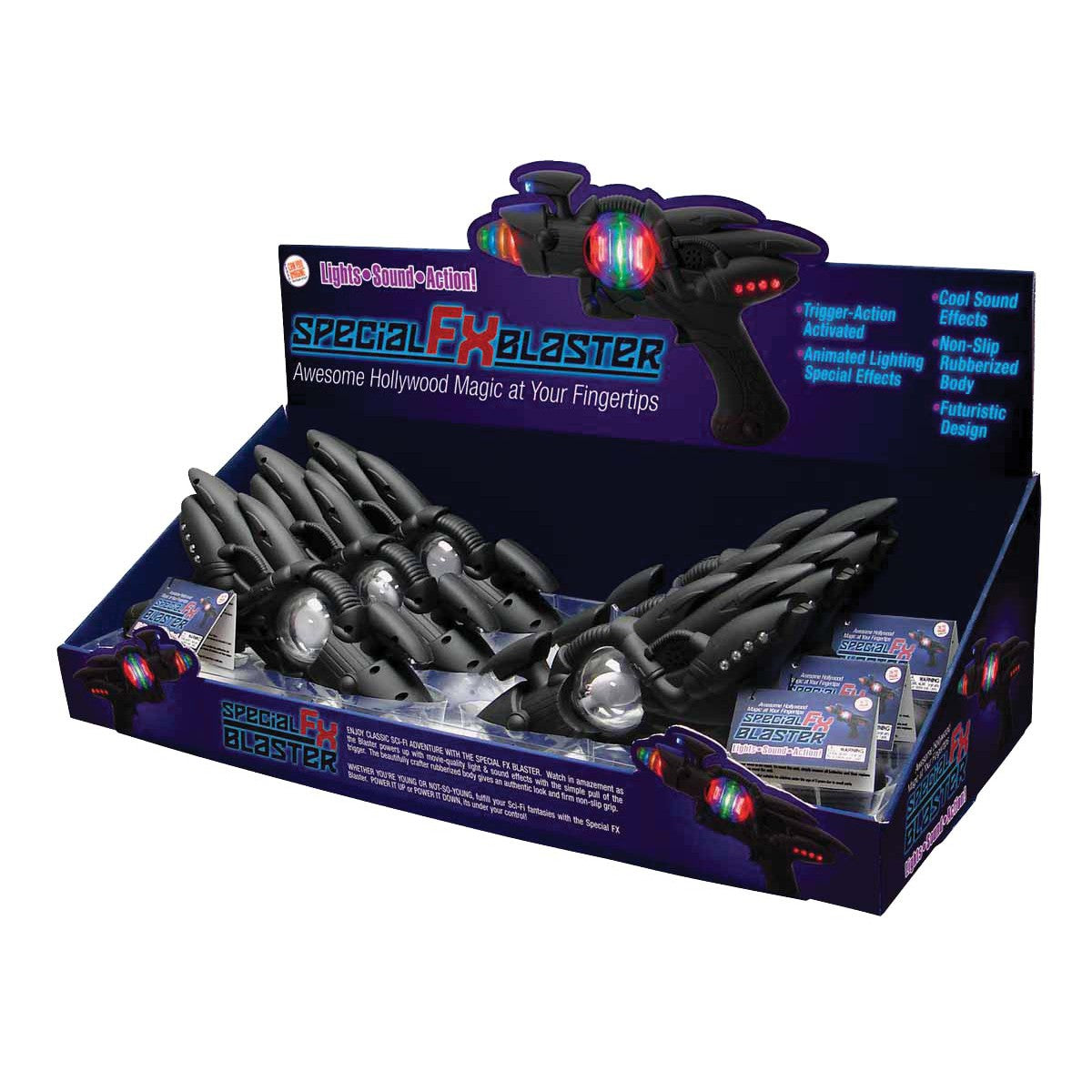 A box of We're Always Thinking Special Fx Blaster light-up toy guns from We're Always Thinking features flashing lights and sound effects, with multiple blasters arranged in a colorful display box.