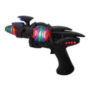 The "We're Always Thinking Special Fx Blaster" by We're Always Thinking is a black toy gun with a futuristic design, curved edges, trigger handle, and colorful LED flashing lights in red, green, and blue on the barrel and side.