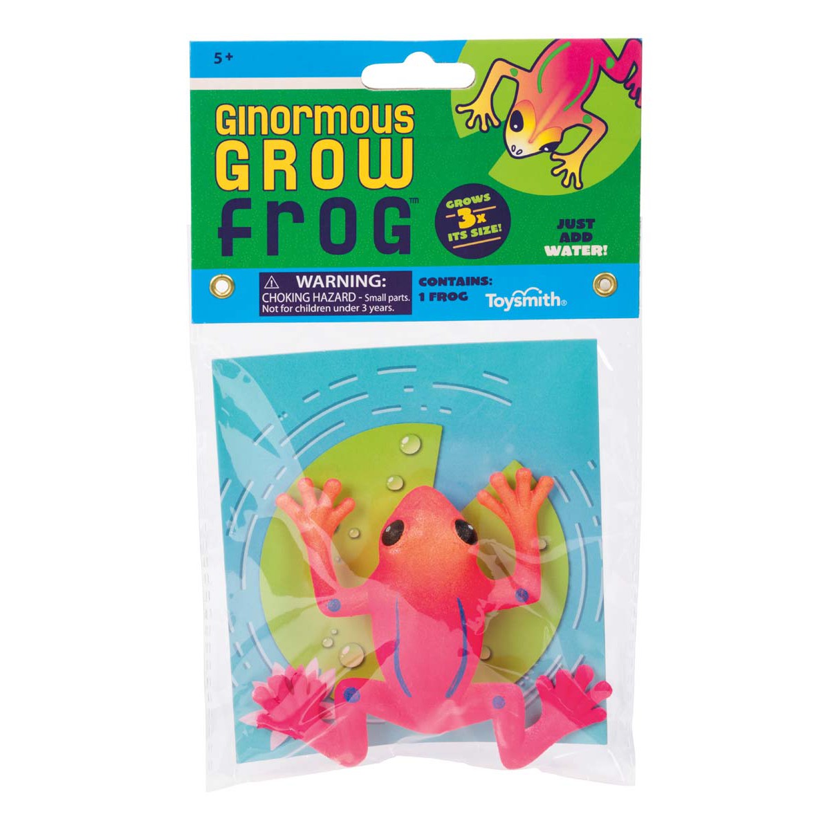 The Toysmith Ginormous Grow Frog by Toysmith is a large pink and orange grow toy. The package says “Grows 5x its size! Just add water!” Includes a choking hazard warning. Suitable for ages 5+.
